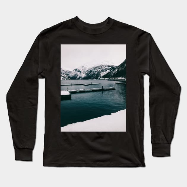 Norwegian Fjord and Surrounding Moutains on Cold Winter Day Long Sleeve T-Shirt by visualspectrum
